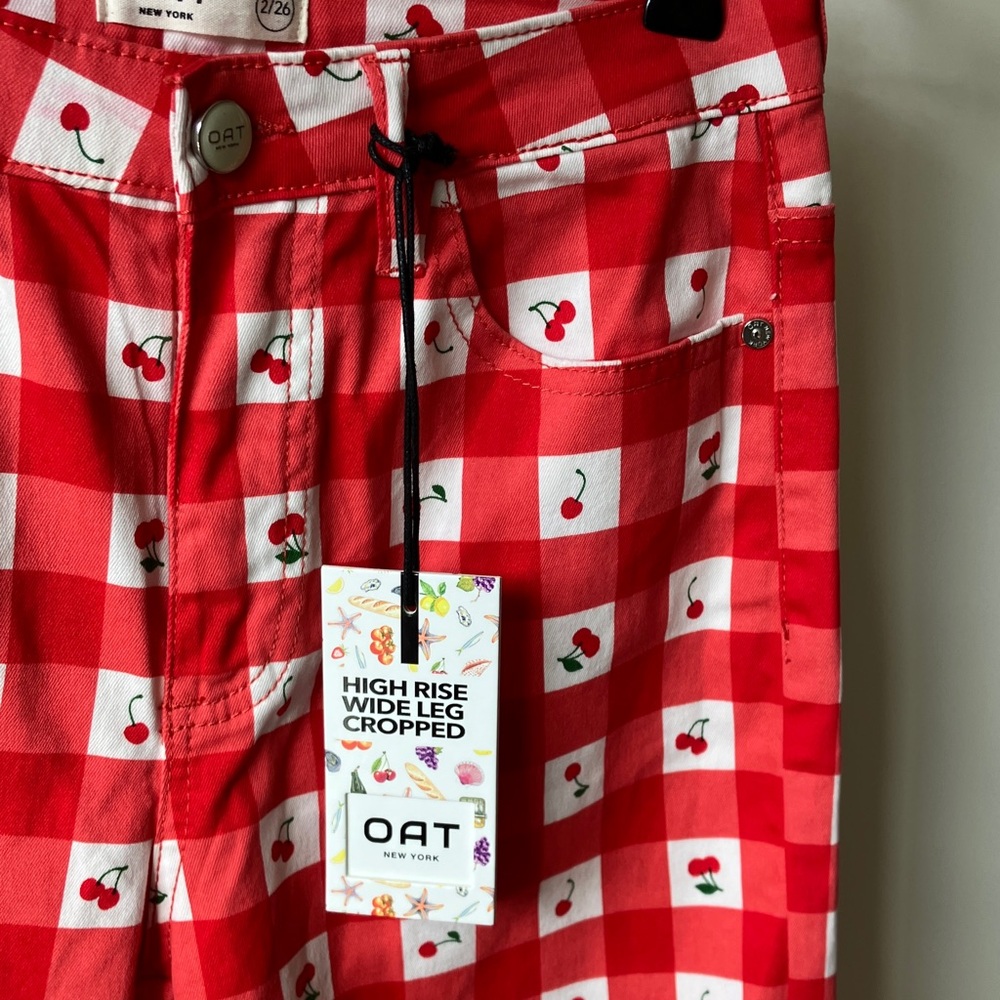 OAT Red Checkered Cherry Print High Waist Wide-Leg Pants Women’s Size 2/26 NWT - Picture 3 of 8